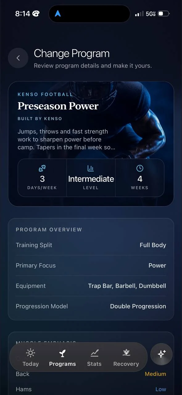 Preseason Power program details in the Kenso app