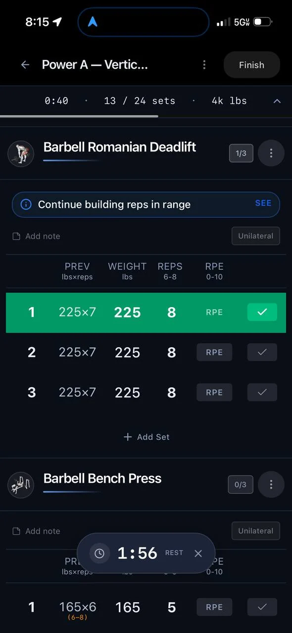 Logging a Barbell Romanian Deadlift set in the Kenso app
