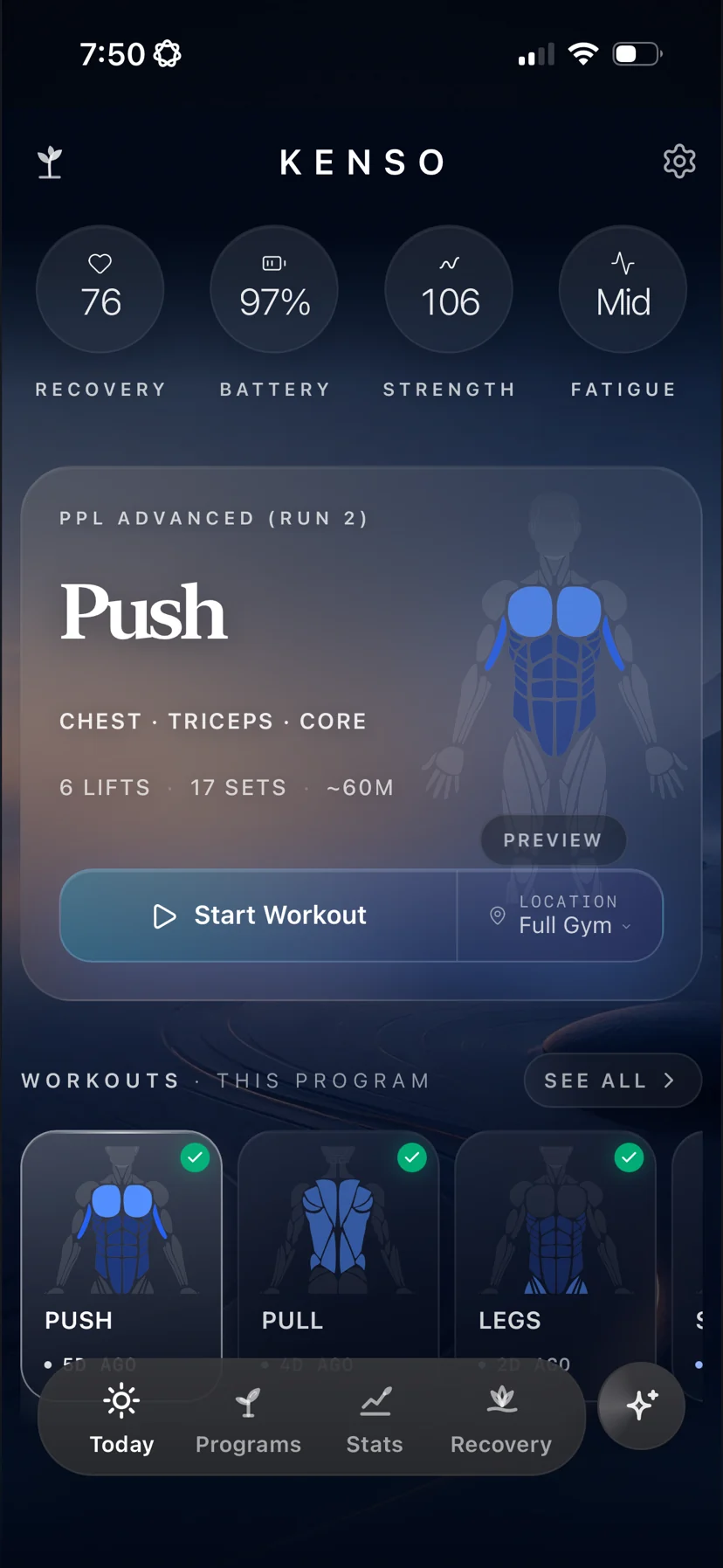 Kenso home screen showing the next workout