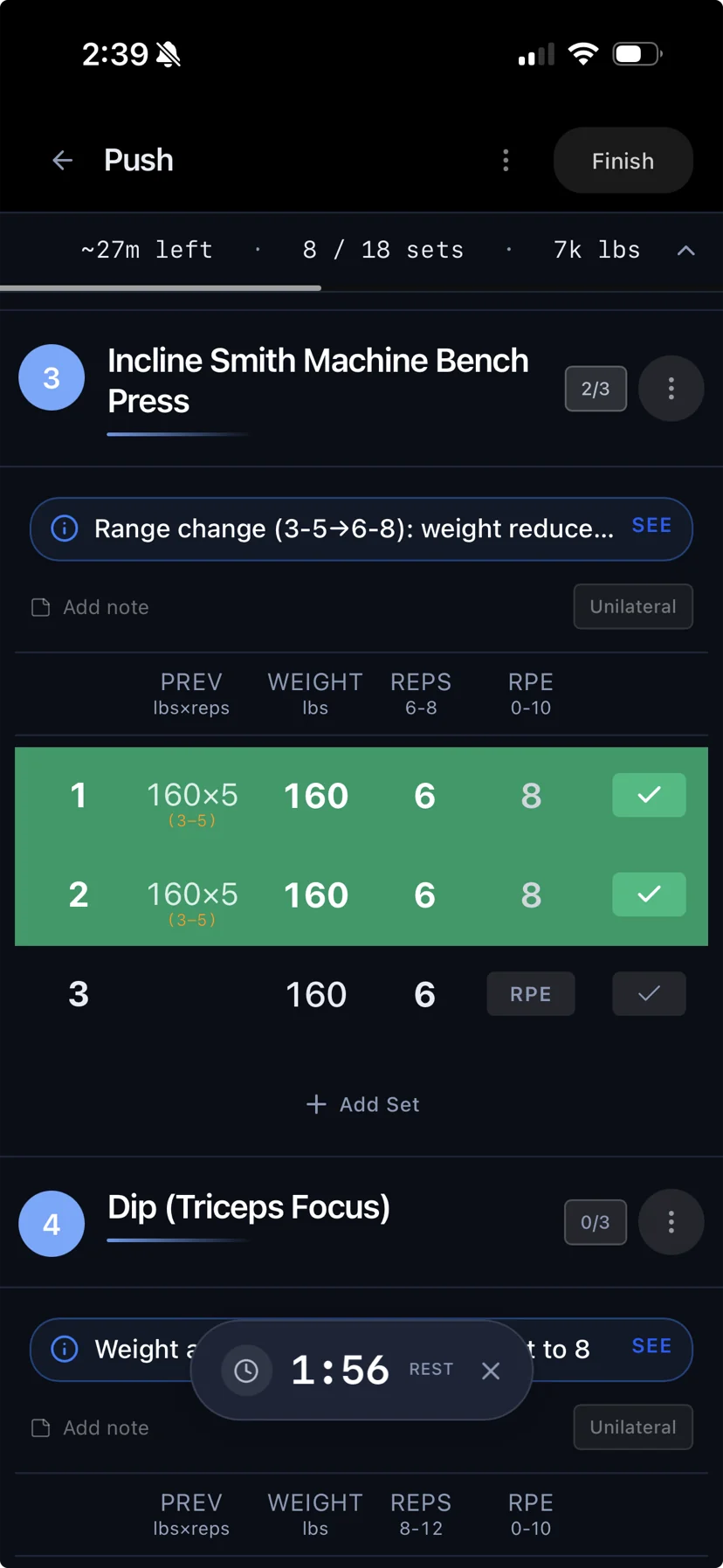 Kenso workout logger with sets, reps and RPE